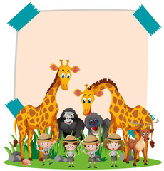 Paper template with wild animals and kids