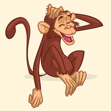 Cute cartoon drawing of a monkey sitting. Vector illustration of chimpanzee stretching his head and smiling with eyes closed. Isolated on white