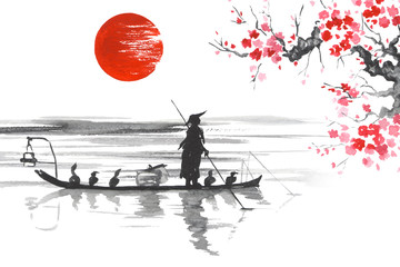 Japan Traditional japanese painting Sumi-e art Japan Traditional japanese painting Sumi-e art Man with boat © rudut2015