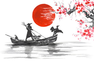 Japan Traditional japanese painting Sumi-e art Japan Traditional japanese painting Sumi-e art Man with boat