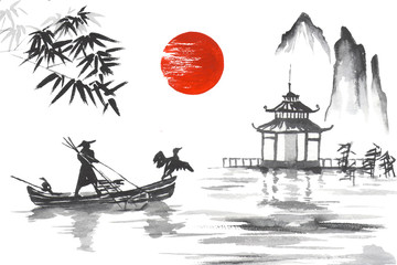 Japan Traditional japanese painting Sumi-e art Japan Traditional japanese painting Sumi-e art Man with boat