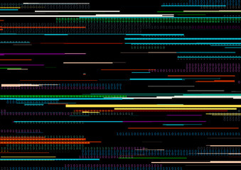 Abstract background with glitched vertical stripes, stream line binary code background with two binary digits 0 and 1.