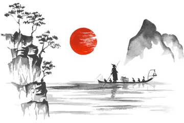 Foto op Plexiglas Japan Traditional japanese painting Sumi-e art Japan Traditional japanese painting Sumi-e art Man with boat © rudut2015