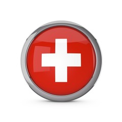 Switzerland national flag in a glossy circle shape with chrome frame. 3D Rendering