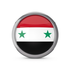 Syria national flag in a glossy circle shape with chrome frame. 3D Rendering