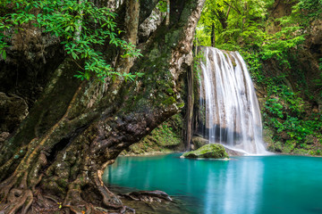 Fototapeta na wymiar Waterfall in Thailand name Erawan in forest at Kanchanaburi provience