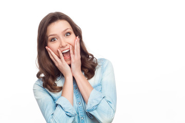 Excited casual girl on white