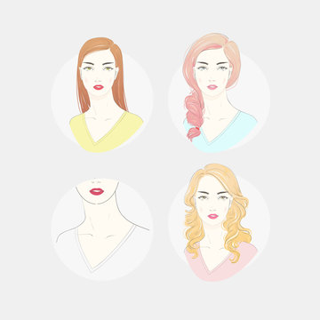 Vector hand drawn illustration set of various hairstyles for different neckline types for women's' fashion.