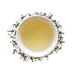 cup of green tea and leaves on whith background. clipping path