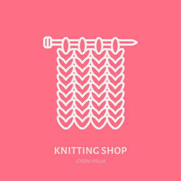 Knit shop line logo. Yarn store flat sign, illustration of knitting needles with yarn pattern.