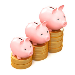 Three piggy banks on gold coins on a white background. 3d render illustration.