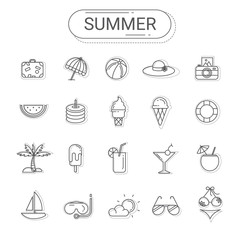 Summer icons set.Flat line icon style gray color create by vector modern design. The Summer icons set can be used for graphic design, info graphics, web design, and mobile application.