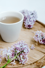 Fototapeta na wymiar Lilac flower and a cup of tea on the wood delivery desk. White background.
