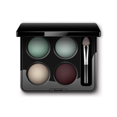 Vector Round MultiColored Pastel Light Cream Blue Turquoise Dark Vinous Eye Shadows in Black Rectangular Plastic Case with Makeup Brush Applicator Top View Isolated on White Background