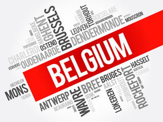 List of cities and towns in Belgium, word cloud collage, business and travel concept background