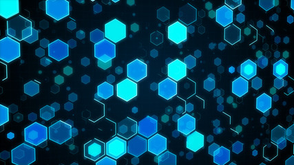 Abstract technological background with blue luminous hexagons.