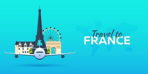 Travel to France. Airplane with Attractions. Travel vector banners. Flat style.