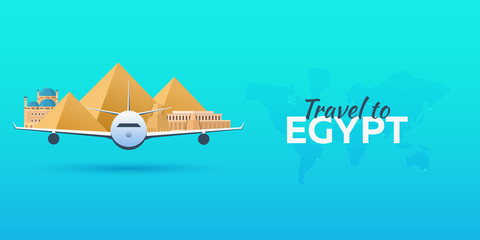 Naklejka premium Travel to Egypt. Airplane with Attractions. Travel vector banners. Flat style.