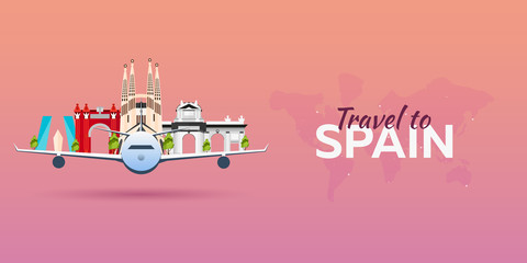 Travel to Spain. Airplane with Attractions. Travel vector banners. Flat style.