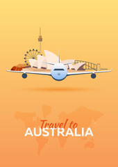 Travel to Australia. Airplane with Attractions. Travel vector banners. Flat style.