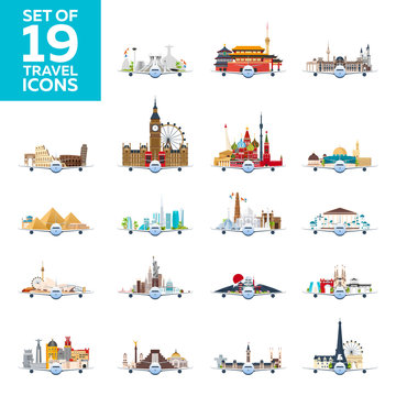 Travel to World. Airplane with Attractions. Big Set of Travel vector icons. Flat style.