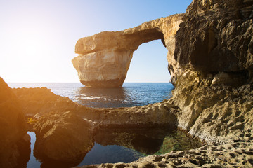 Azure window Gozo island. Malta. Azure Window was 28-metre-tall (92 ft)  stone natural arch on  island  Gozo in Malta.