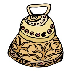 Gold Wedding Bell, Ship Bell, Church Bell. Ink Vector Illustration Isolated On a White Background Doodle Cartoon Vintage Hand Drawn Sketch.