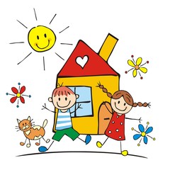 Happy kids and house, vector illustration