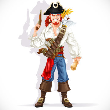 Brave pirate with pistol hold pirate treasure map isolated on a white background