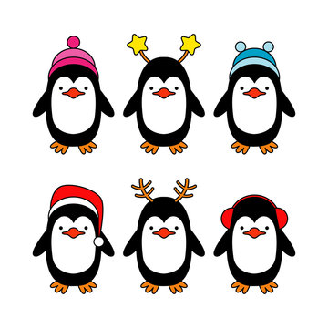 Vector holiday Christmas greeting card with cartoon penguins.
