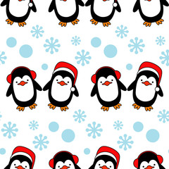Seamless background with Christmas decorative penguins. Vector illustration.
