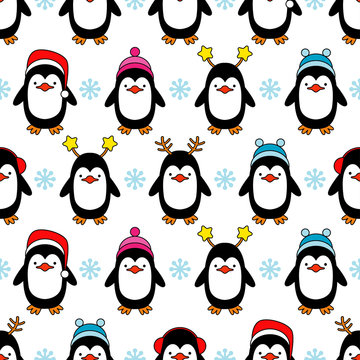 Seamless background with Christmas decorative penguins. Vector illustration.

