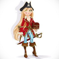 Cute blond pirate girl with cutlass, pistol and chest isolated on a white background