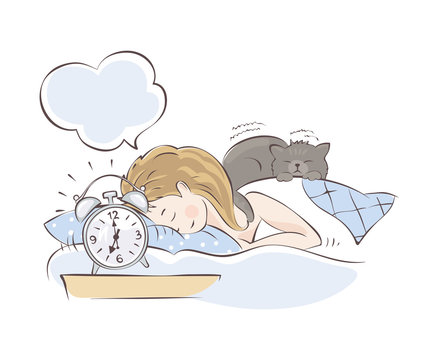 Alarm clock call in the morning / Girl sleeping with cat on the bed, vector illustration