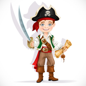Cute pirate boy with cutlass isolated on a white background