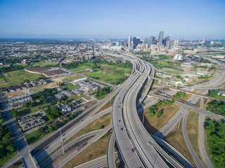 Aerial view Houston downtown and interstate 69 highway with massive intersection, stack interchange...