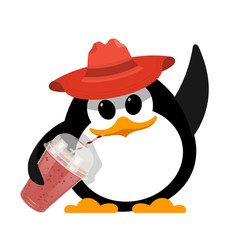 Color image of a small cute penguin in a red hat with a glass of strawberry smoothie on a white background. Hatchling of a penguin bird. Healthy food. Vector illustration