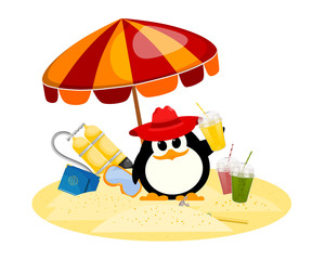 Cartoon color image of a small penguin under a beach umbrella on vacation. Young child of a penguin with scuba diving, mask, smoothies, passport on the beach. Vector illustration