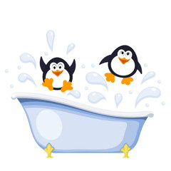 Obraz premium Two small penguins bathe in the tub. Abstract colored cartoon style penguins having fun while bathing in the tub. Vector illustration