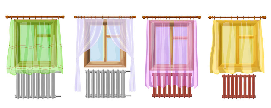 A set of cartoon colored image of window curtains and radiators on a white background. Element of decor. Vector illustration