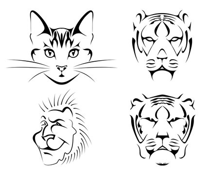 Set of black images of cats on a white background. Сat, tiger, lion. Vector illustration