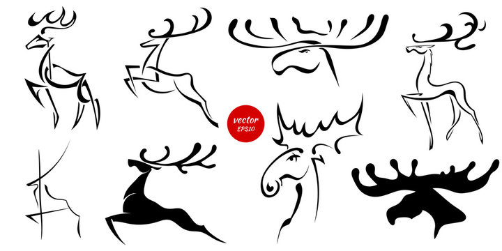 Set of black images of moose and deer. Abstract drawings of animals on a white background. Vector illustration