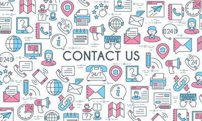 Contact us banner. Design template with flat line icons on theme customer service and support. Vector illustration