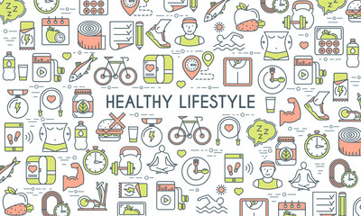 Healthy lifestyle banner. Design template with flat line icons on theme fitness, nutrition and dieting. Vector illustration