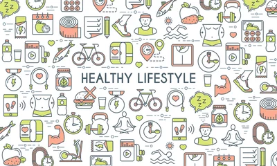 Foto op Canvas Healthy lifestyle banner. Design template with flat line icons on theme fitness, nutrition and dieting. Vector illustration © Genestro