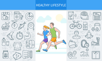 Healthy lifestyle banner. Design template with flat line icons on theme fitness, nutrition and dieting. running man and woman. Vector illustration
