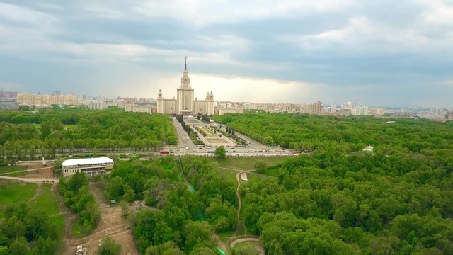 Aerial time lapse of the Moscow State University MSU and Vorobievy Gory or Sparrow Hills recreation area. 4K video