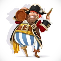 Old pirate with a wooden leg holding a keg of rum and pistol isolated on a white background - obrazy, fototapety, plakaty