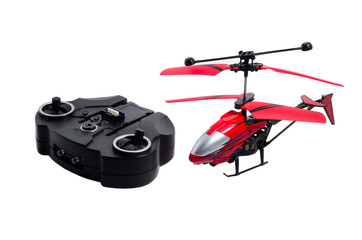 Remote control helicopter toy in white isolated background.