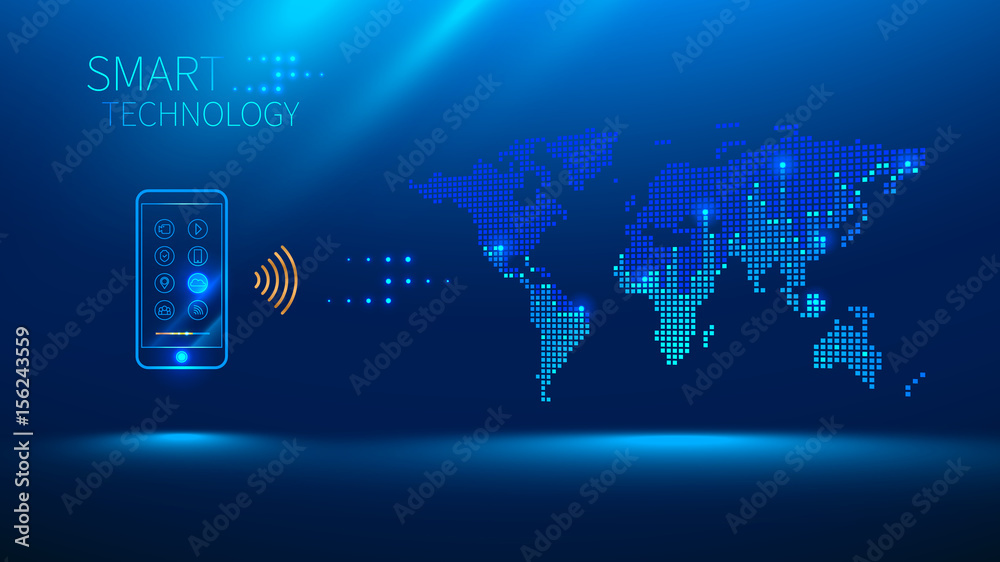 Poster smart phone to connect with the world. smart phone sends and receives information from the cloud